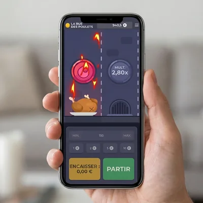 Interface de jeu Chicken Road avec grille de cases, multiplicateur affiché et bouton cash out