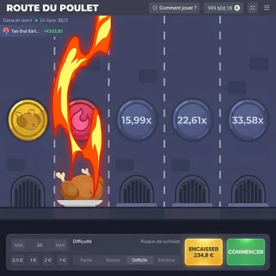 Partie perdue sur Chicken Road en mode Hard - le poulet finit au four et la mise est perdue